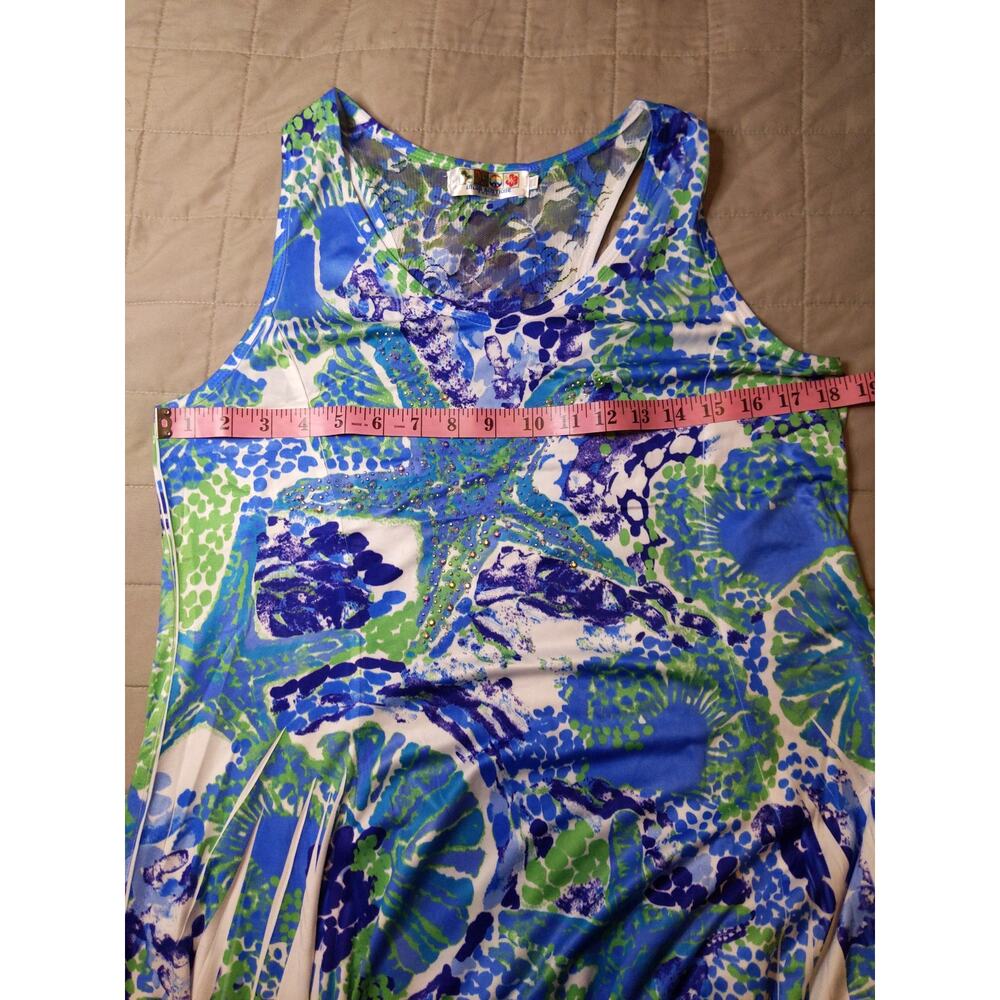 India Boutique Starfish Godet Dress Blue Green White Coastal Boho One Size - Picture 5 of 8